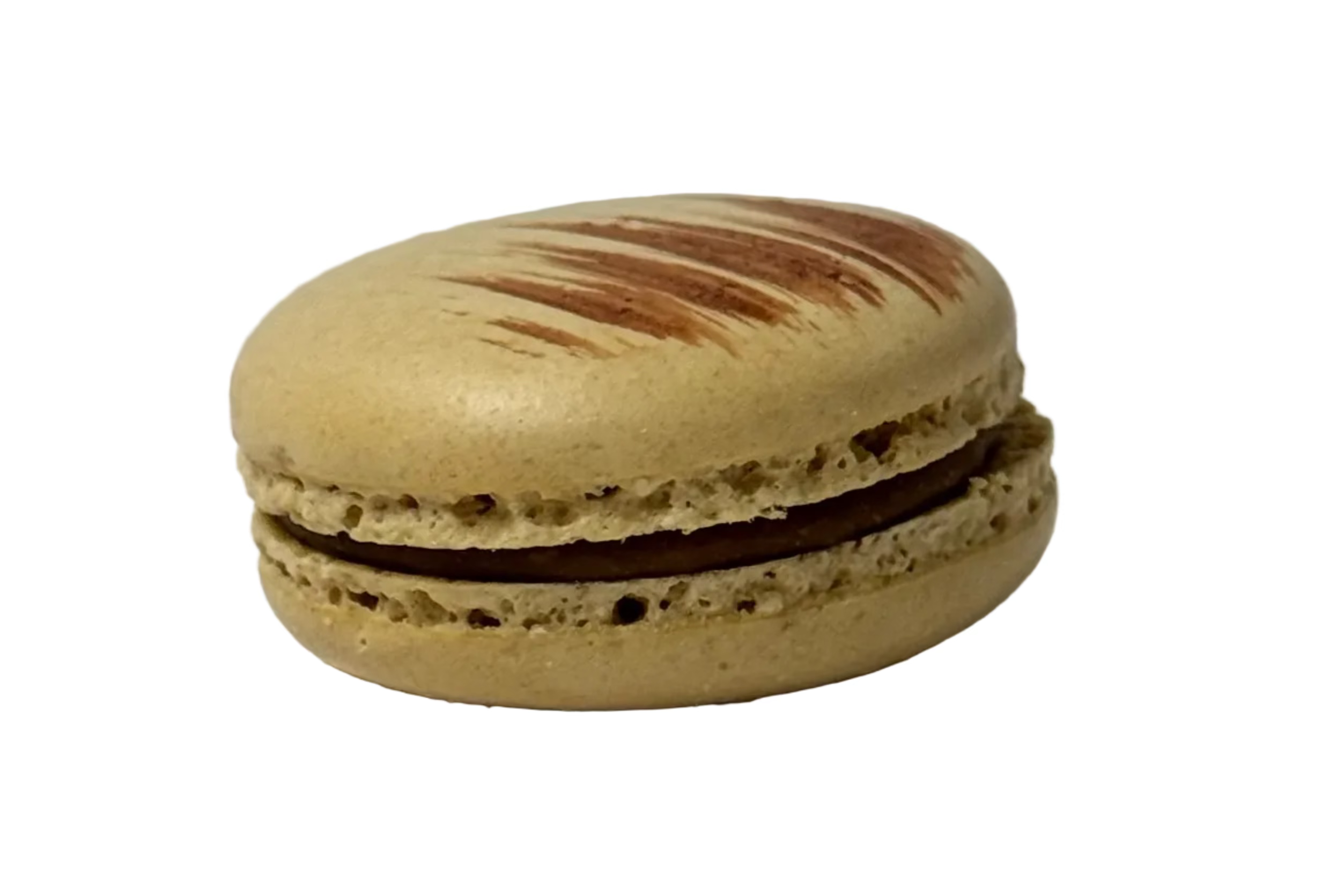 Macaron filled shell filled with a smooth espresso-infused in white chocolate ganache.