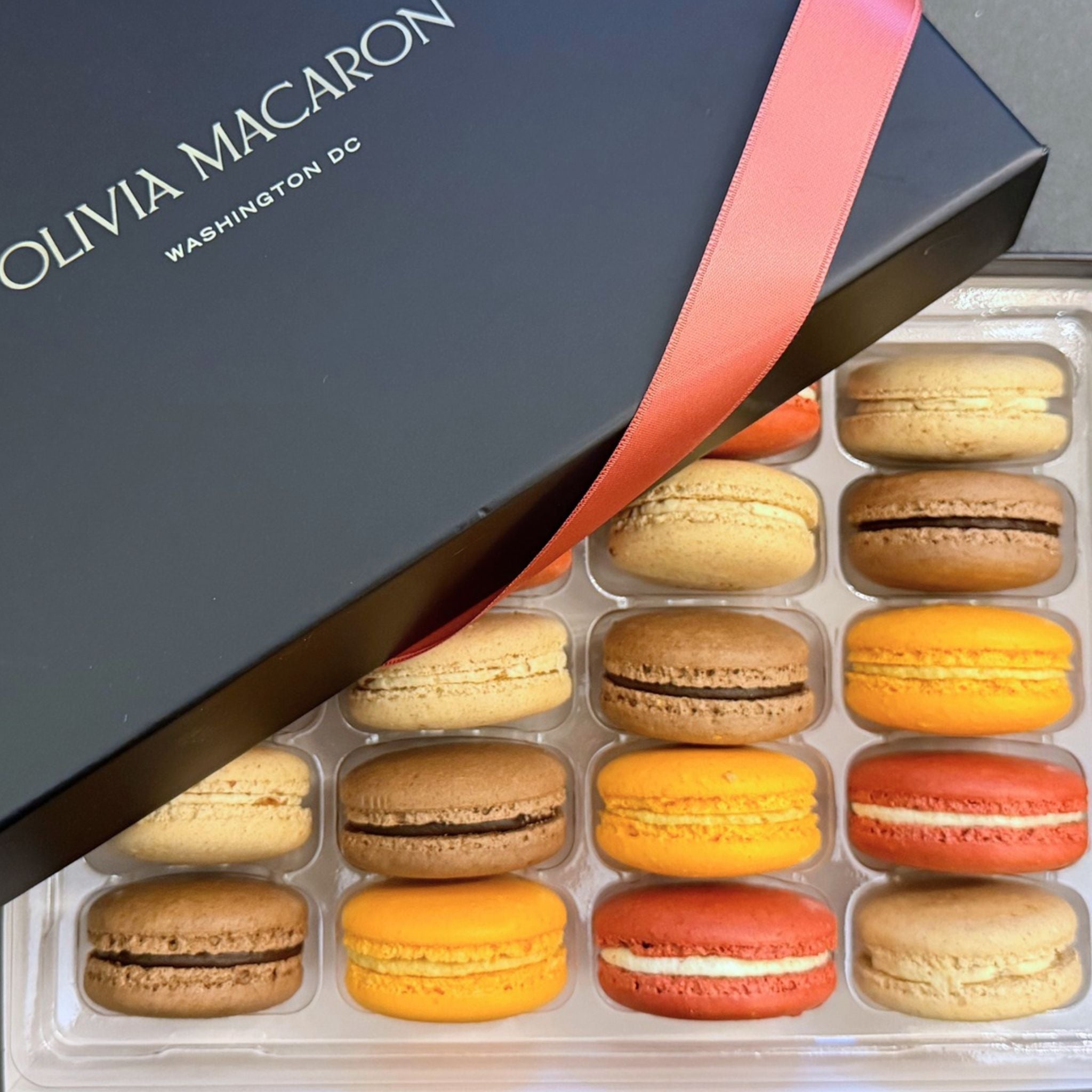 Thanksgiving macaron gift box of fall French macarons with a coral ribbon