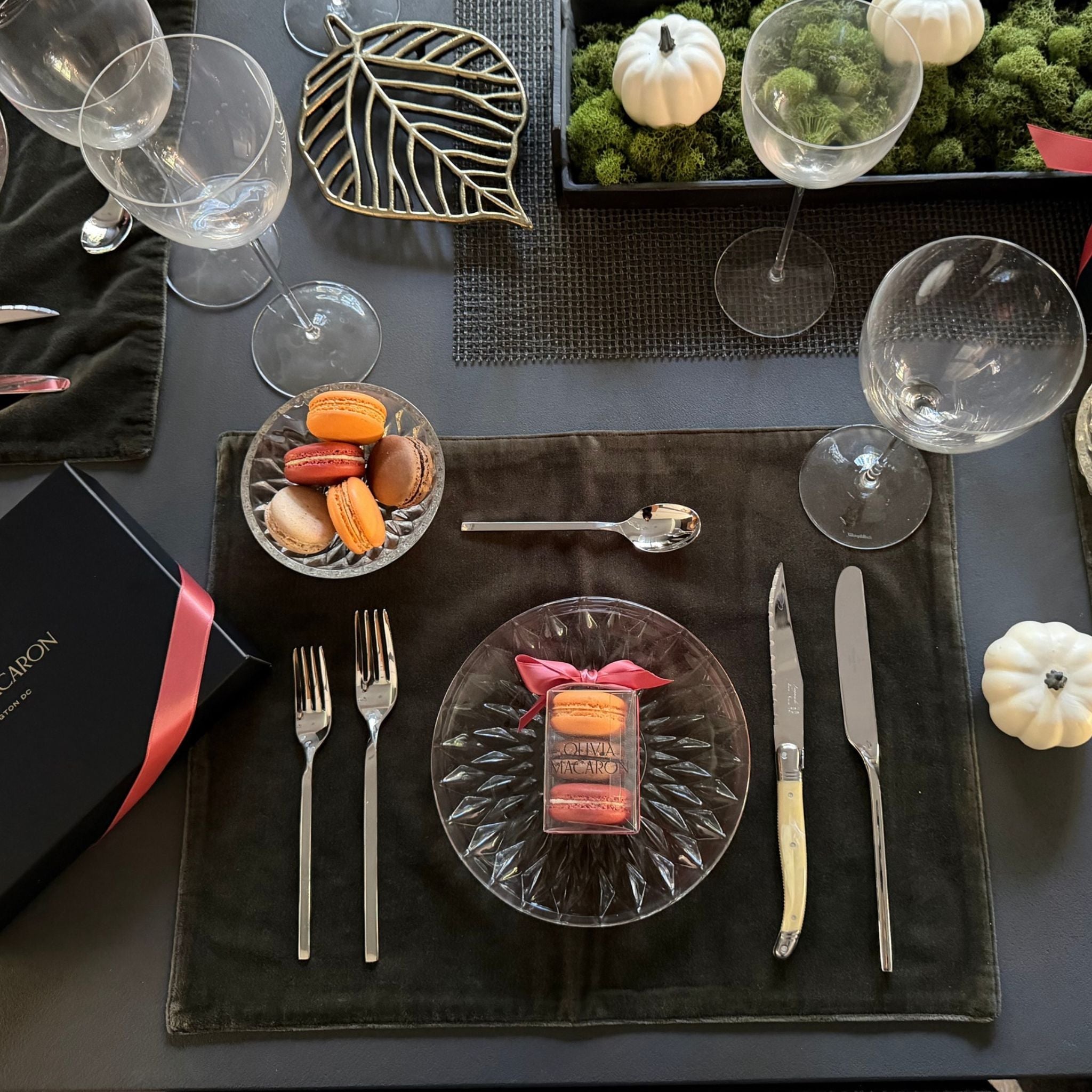 Thanksgiving place setting with French macarons and an Olivia Macaron gift box